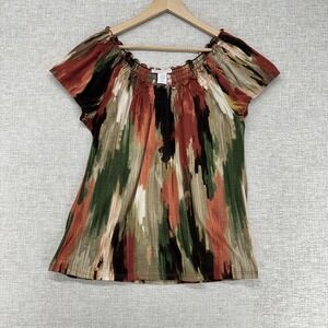 Claudia Richard Top Womens Large Orange Poly Blend Off Shoulder Flutter Sleeve